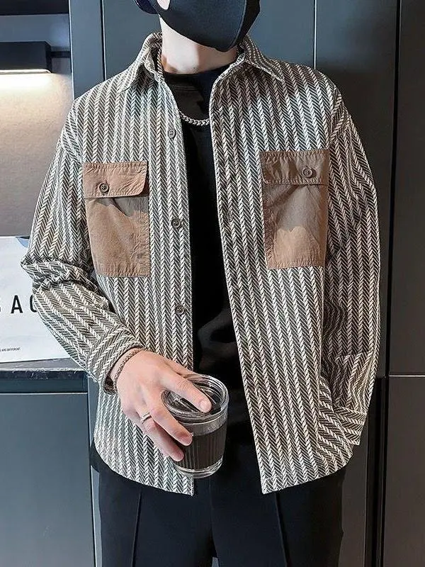 

Retro Briti Sle Striped Jaet Men's Spring Autumn Loose Color Blo ket Design Cool Personali Stand Fit Outerwear