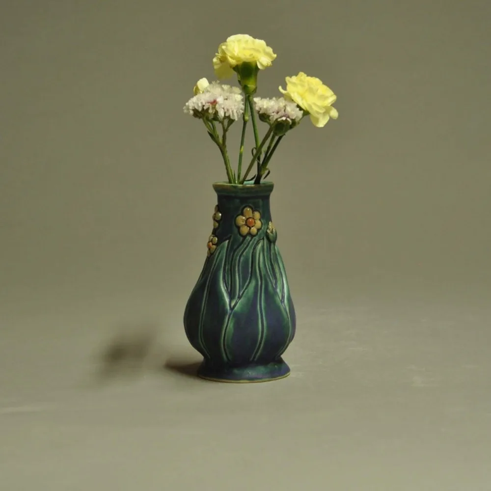 

Bud Vase with Modeled Leaves and Flowers-Blue Matte Glaze-Arts and Crafts Inspired,Vases