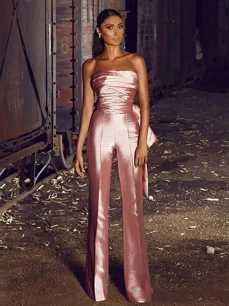 

Simple New Fashion Pink Jumpsuit Strapless Pants Suits Satin Formal Wedding Guest Evening Prom Dresses Cocktail Birthday