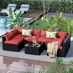 7 Pieces Patio Furniture Set - Outdoor Sectional Wicker Rattan Furniture with Cushion and Glass Table Patio Conversation Sets