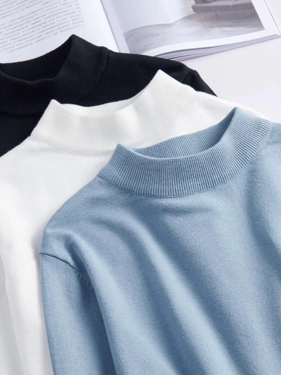 

American Sle Heavyweight f High Ne Men's Knitted Long Sve T-irt Autumn Winter Loose Warm Color Base irt