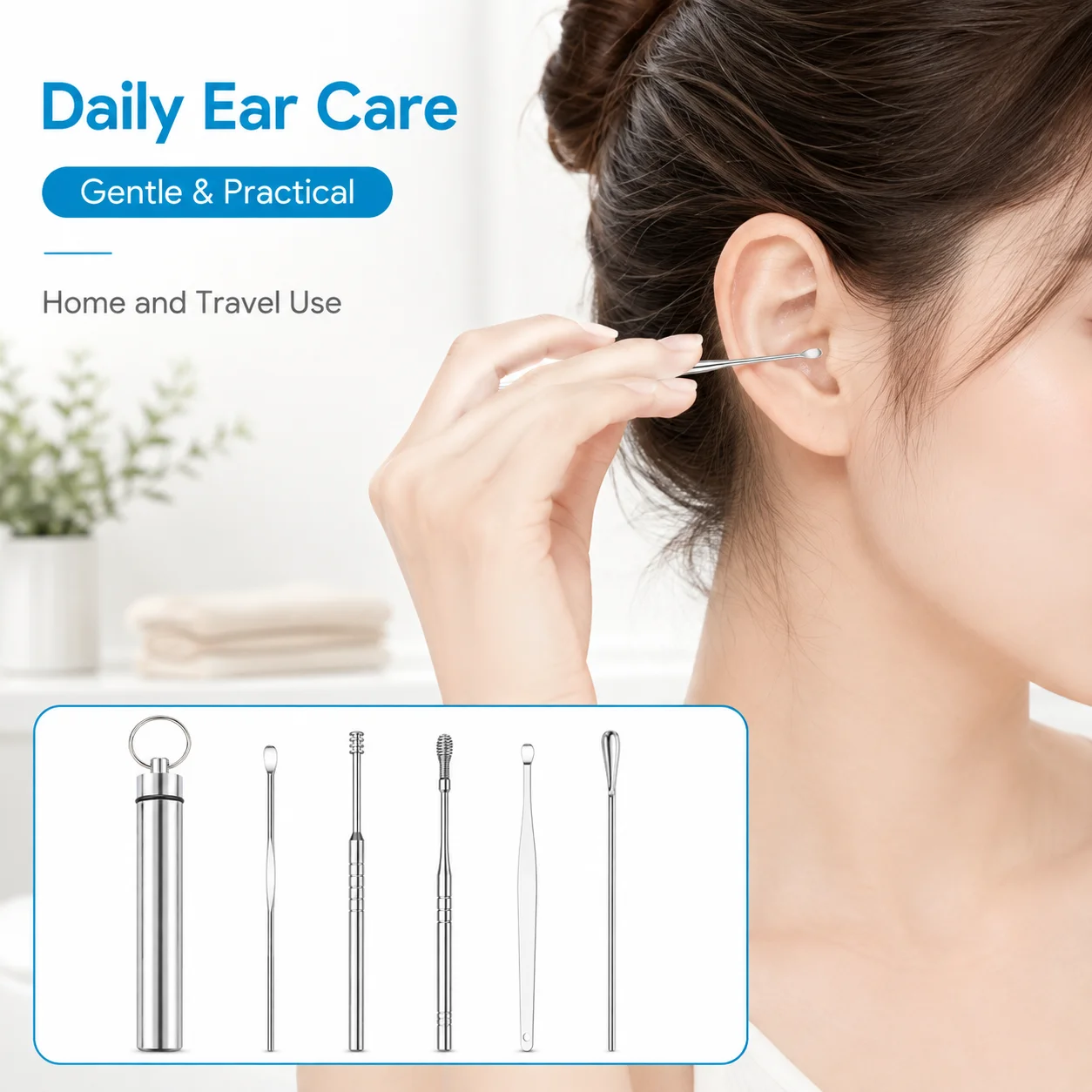 6PCS Reusable Ear Wax Cleaner Set Metal Ear Spoon Kit Anti Slip Handle Ear Pick Tools With Case For Bathroom Travel Hygiene