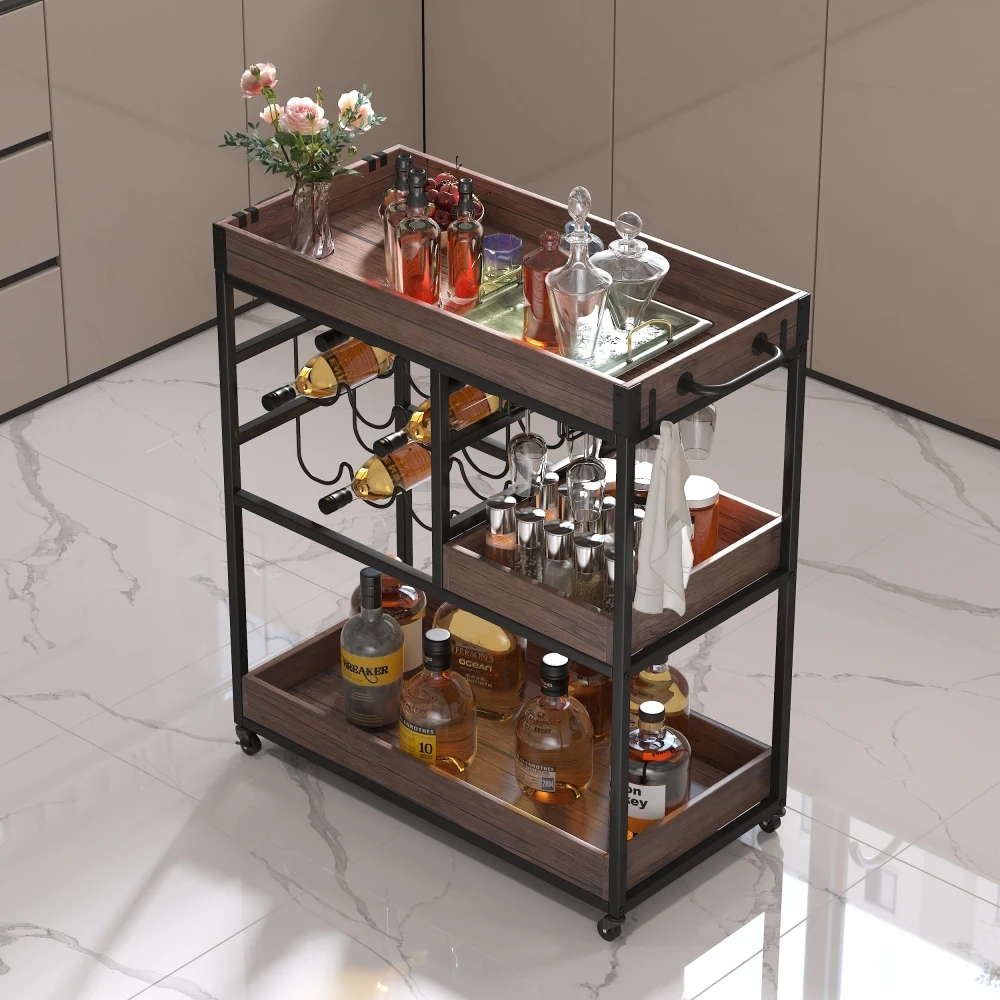 3 Tier Industrial Rolling Serving Cart with Lockable Wheels, Wine Rack Cart with Glass Holder for Indoor, Beverage Trolley Cart