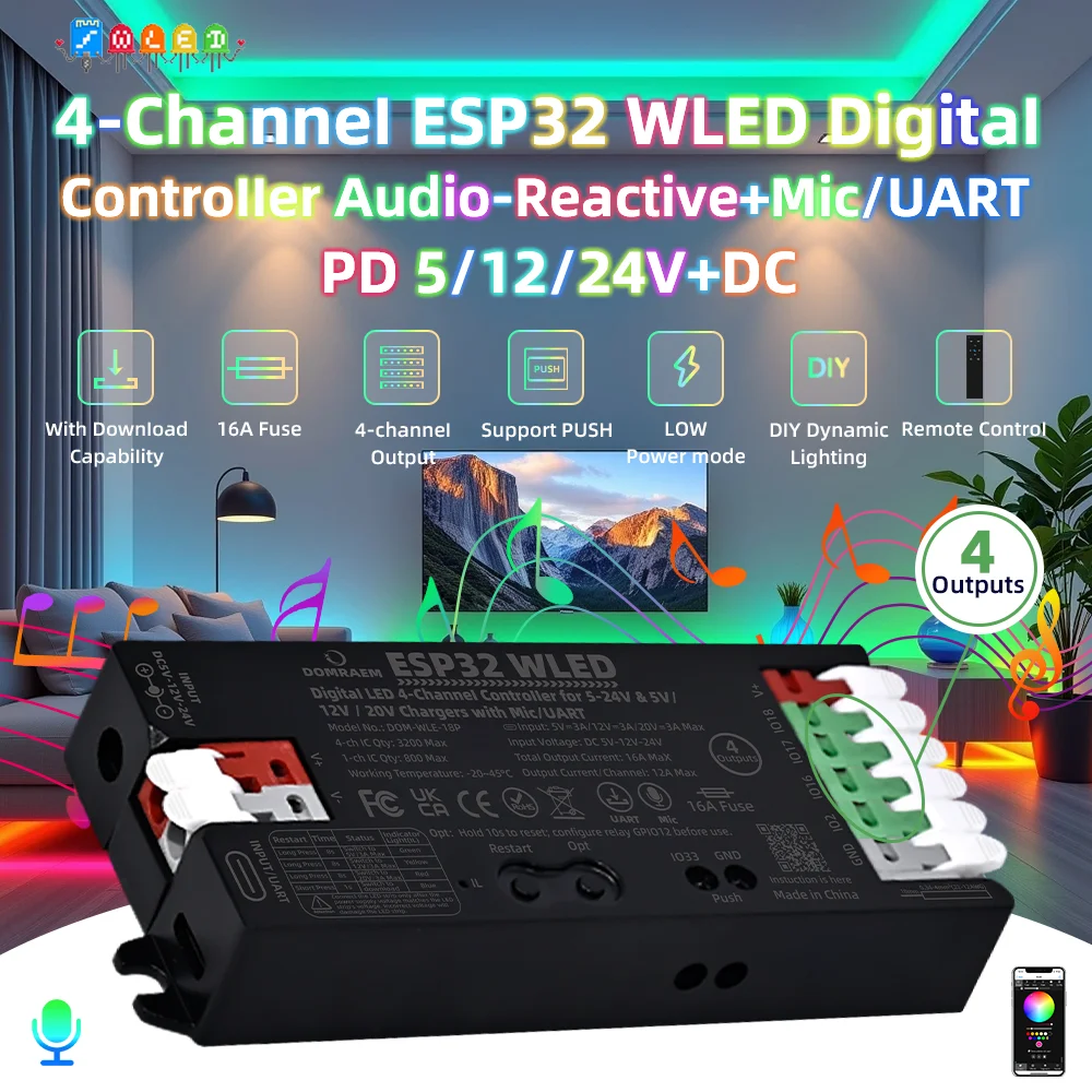 

DOMRAEM 4 Output ESP32 WLED Controller with Audio Sync Download Port PD/DC5-24V for WS2811 WS2812B SK6812 and APA102 Pixel Strip