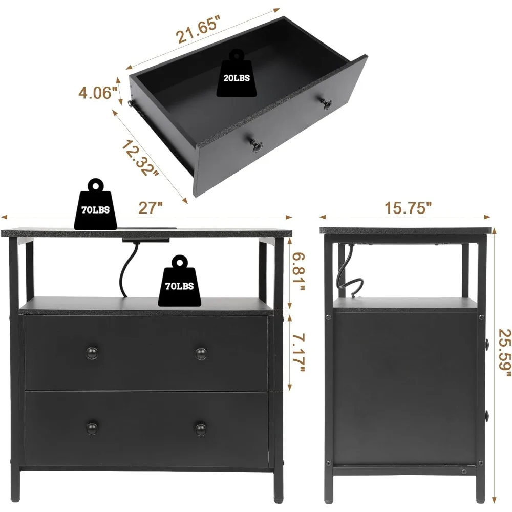 27 Inch Breed Nachtkastje Met Laadstation, Nachtkastje Met Open Plank, 2 Laden Klein Houten Dressoir Nachtkastje, 2 Pack