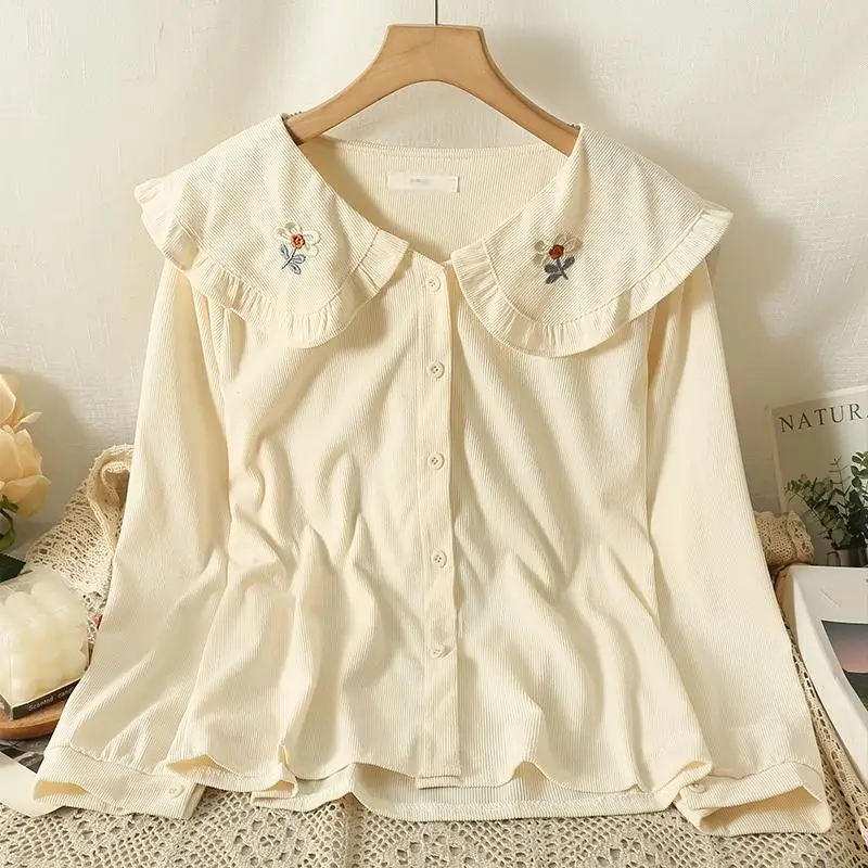

OCEANLOVE Corduroy Blouses Peter Pan Collar Embroidered Floral Ruffles Women Shirts Korean Fashion Autumn Sweet Blusas Mujer