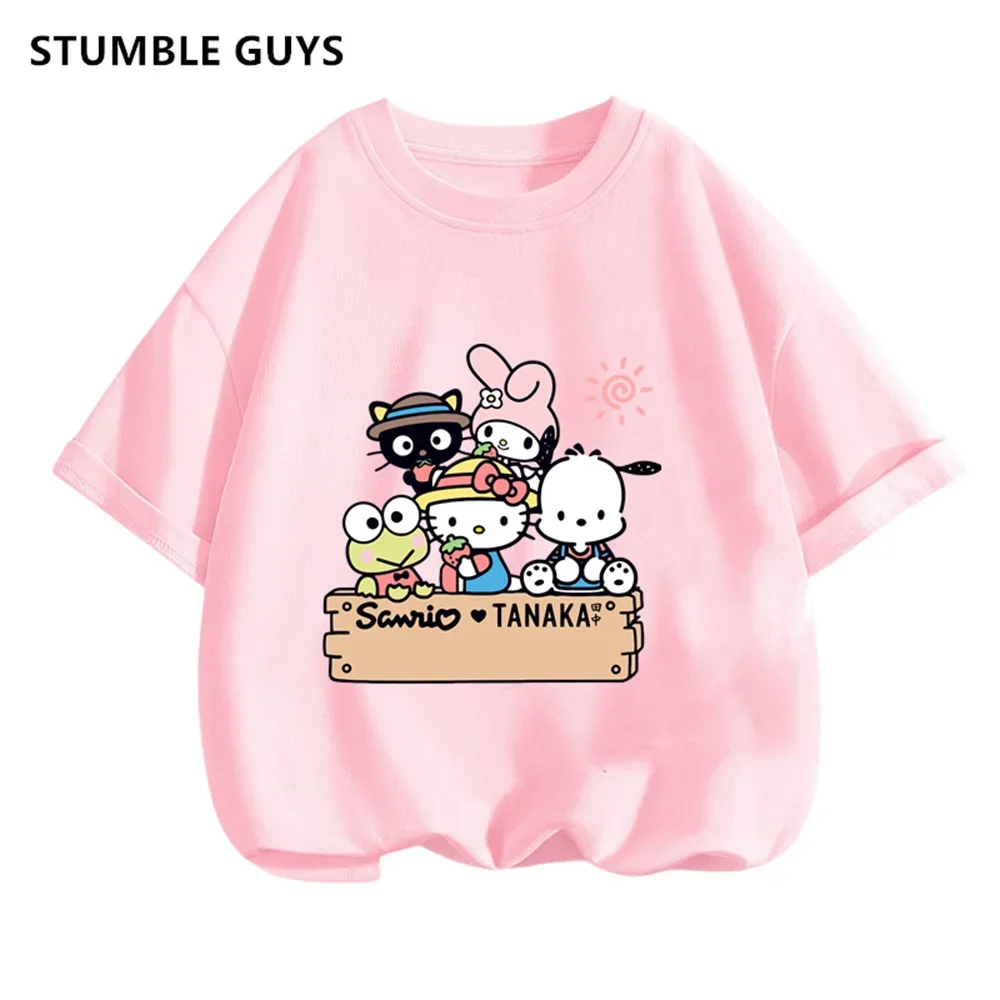 Cute Hello Kitty T-Shirt Set Kids Clothes Girls Summer Y2K Loose Short Sleeve Top Female Dark Print Sweet Harajuku Clothes