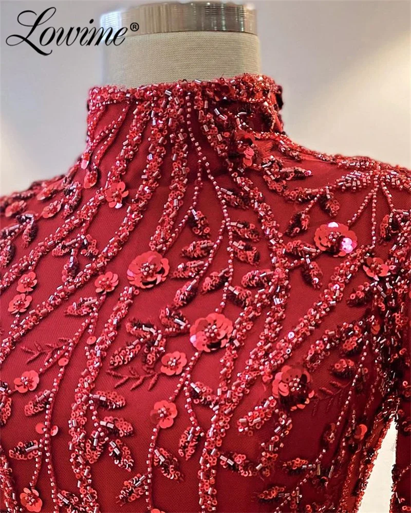 Floral Sequined Long Sleeves Evening Gowns A Line Women Party Dress 2024 Dubai Arabic High Neck Prom Dresses Robe De Soiree