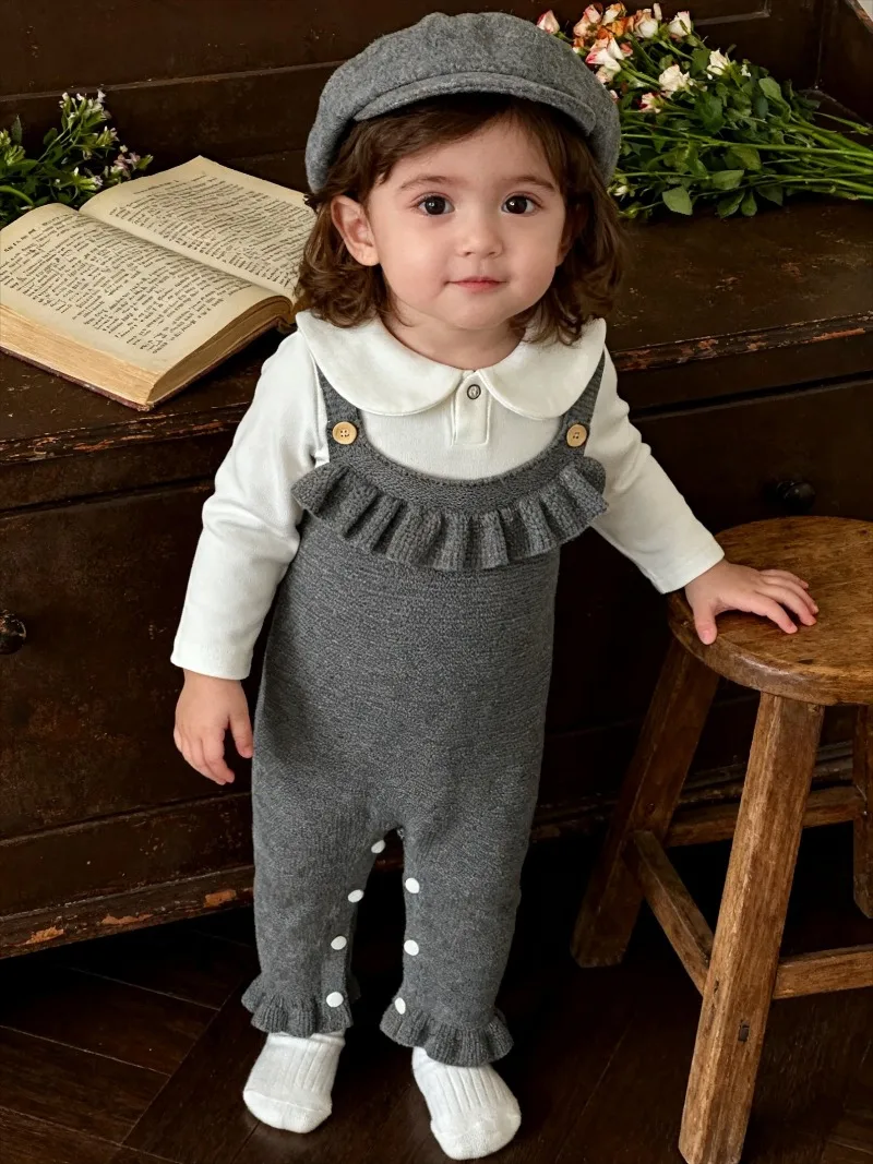 Spring and Autumn New Baby Strap Rompers Cotton Knitted Lace Jumpsuit Baby Girl and Boys Button Ruffles Strap Bodysuits for Baby