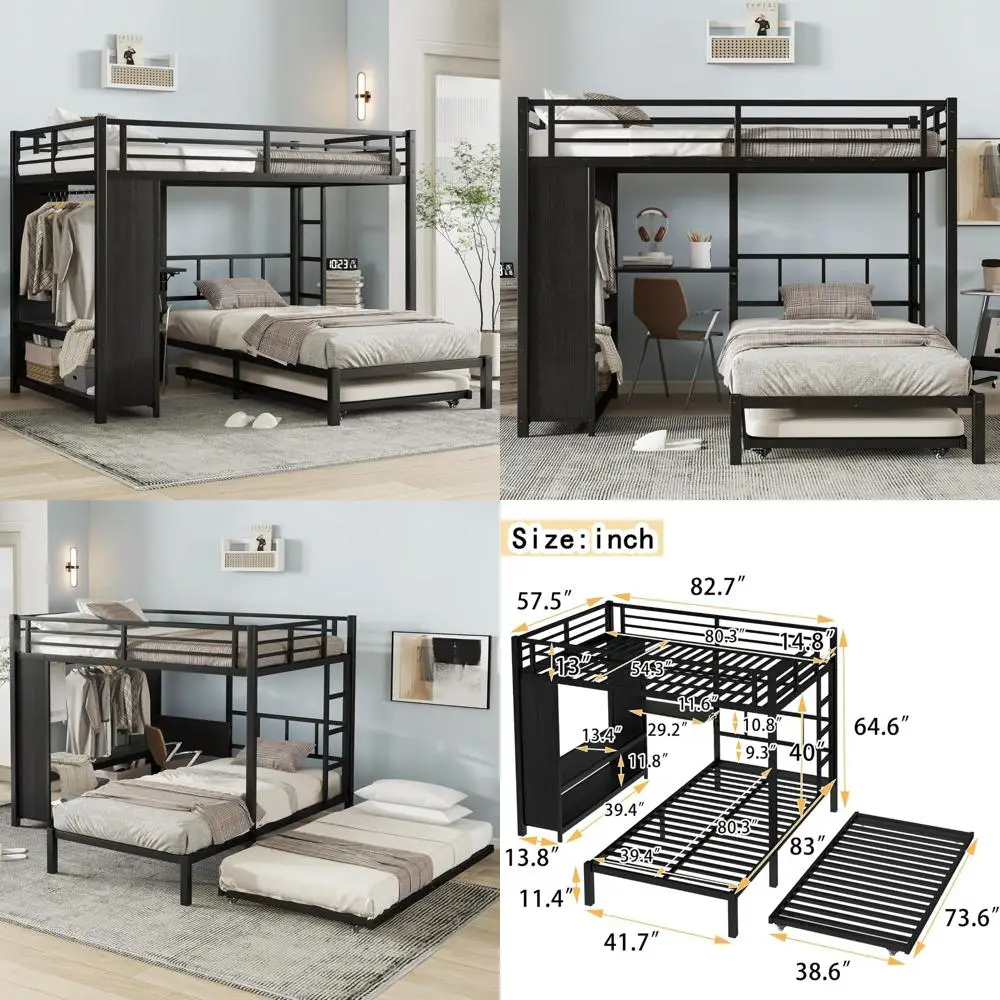 Heavy-Duty Metal Twin Bunk Bed with Built-In Wardrobe and Foldable Desk, Full Over Frame, Space-Saving Design