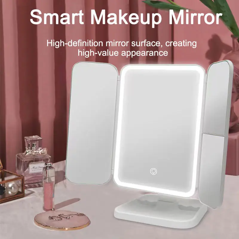 Espelho de três lados com luz LED Espelho de maquiagem Mesa de penteadeira Mesa de maquiagem com luz LED