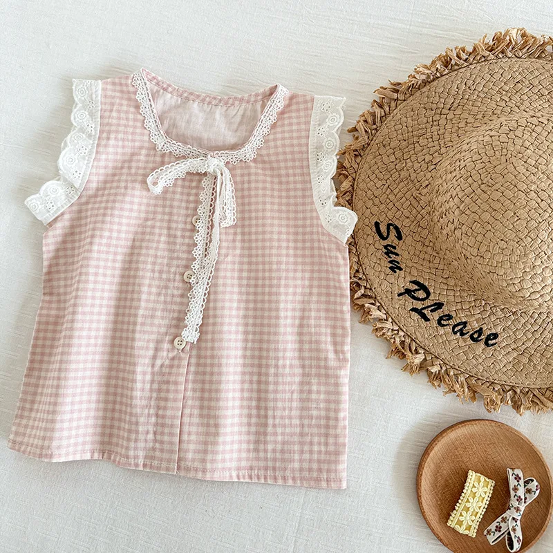 

Children's and Girls Korean Edition Versatile Countryside Lace Sleeveless Vest 2025 Summer New Tank Top Princess Style Summer