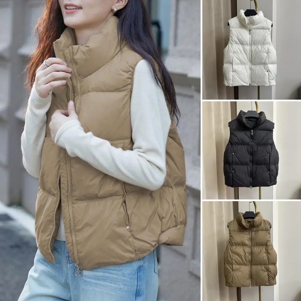 Donsvest voor de winter Stijlvol puffervest voor dames met opstaande kraag Ritssluiting Winterwarme bovenkleding met zakken voor dames