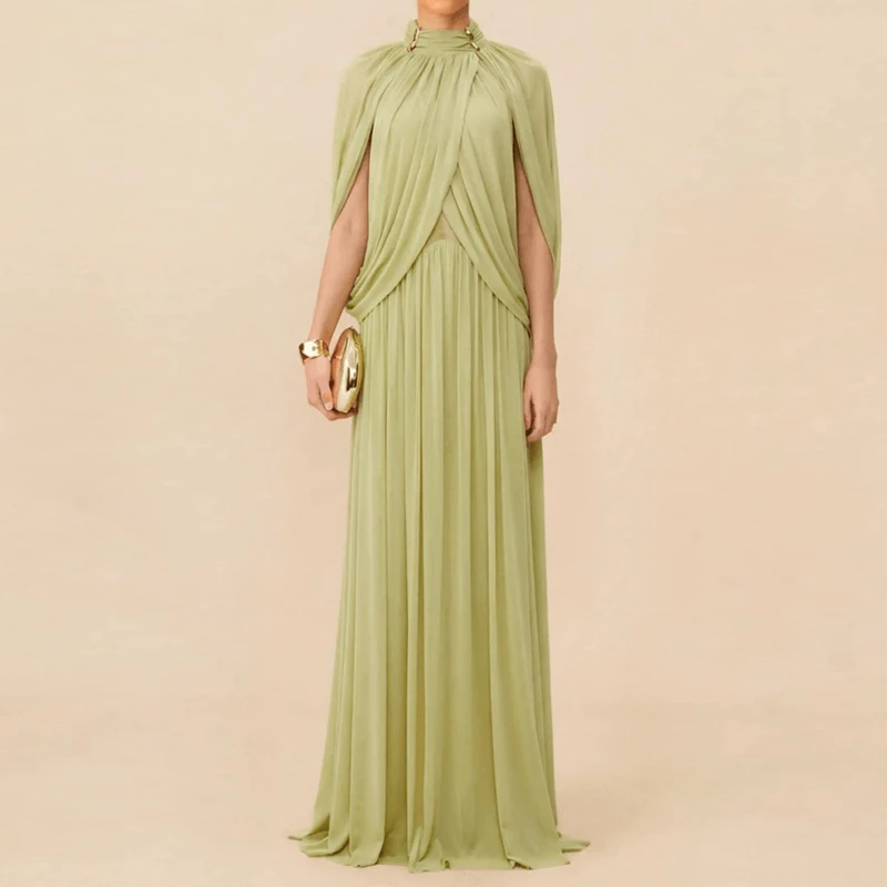 

New Year's Temperament Solid Color Robe Dress Casual High Waist Pleated Summer Dresses Lady O-neck Batwing Sleeve Banquet Dress