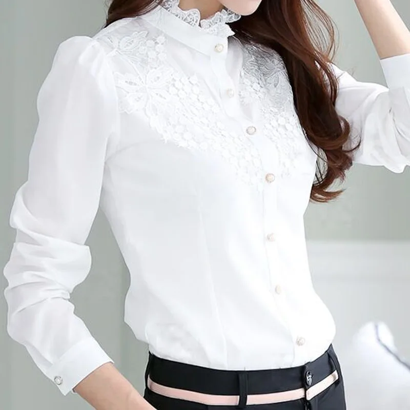 Office Lady Fashion Embroidery Solid Color Fleece Shirt 2022 Autumn Winter Lace Stand Collar Elegant All-match Button Blouses