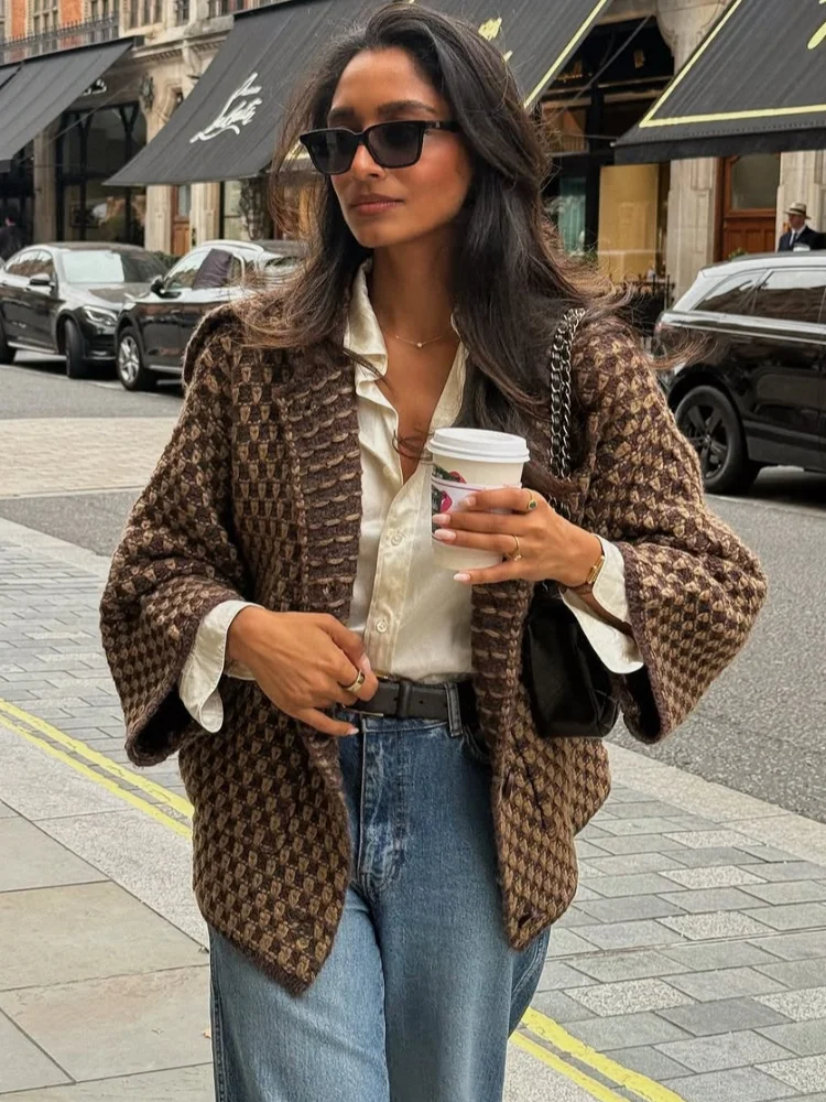 Brown Color Block Tweed Jacket Wide Collar Relaxed Fit Elegant  Vintage Commuter Women Casual Fall Knit Outerwear Coat 260602