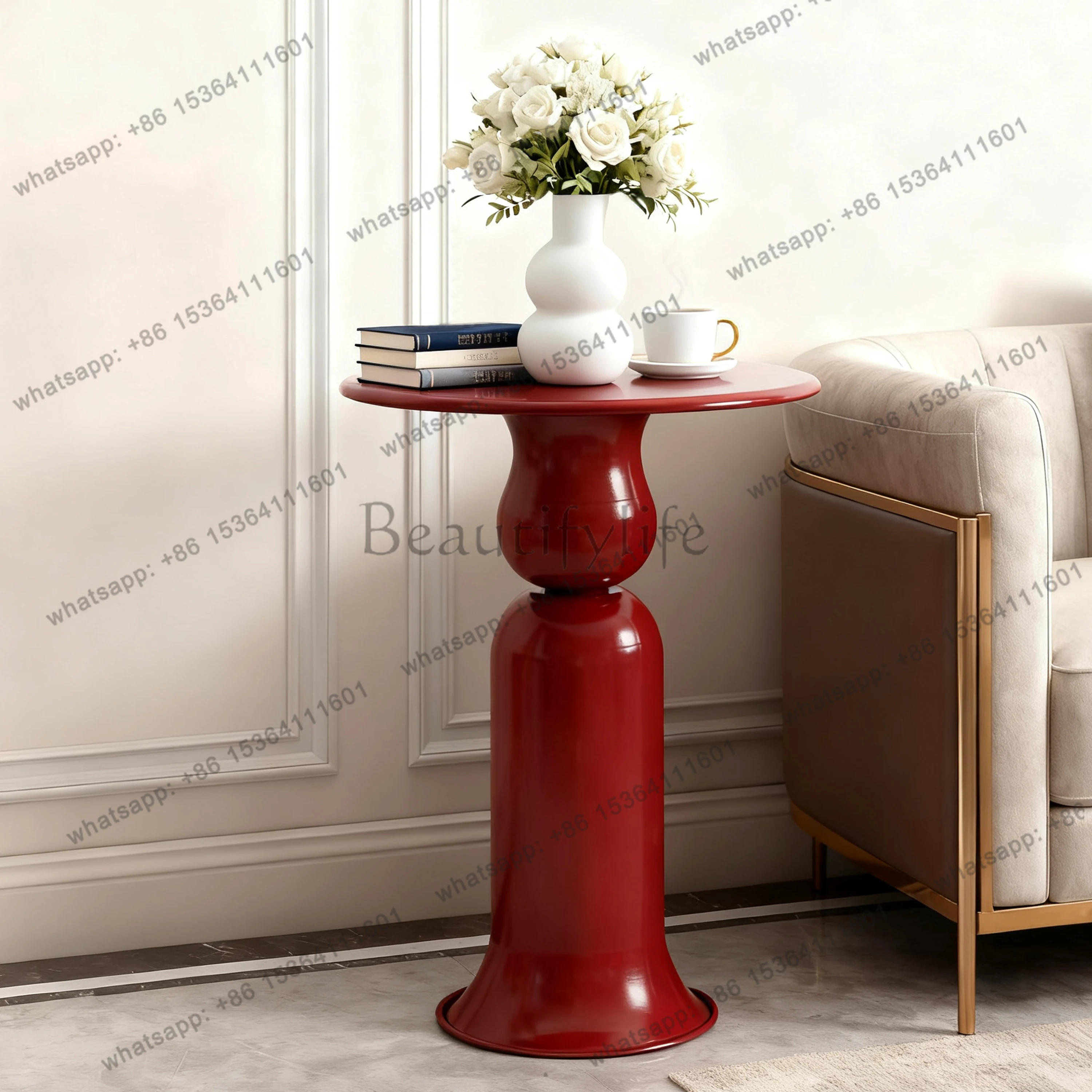 

Italian Light Luxury Coffee Table Creative Red Round Metal Table Nordic Minimalist Living Room Furniture Bedroom Bed Side Table
