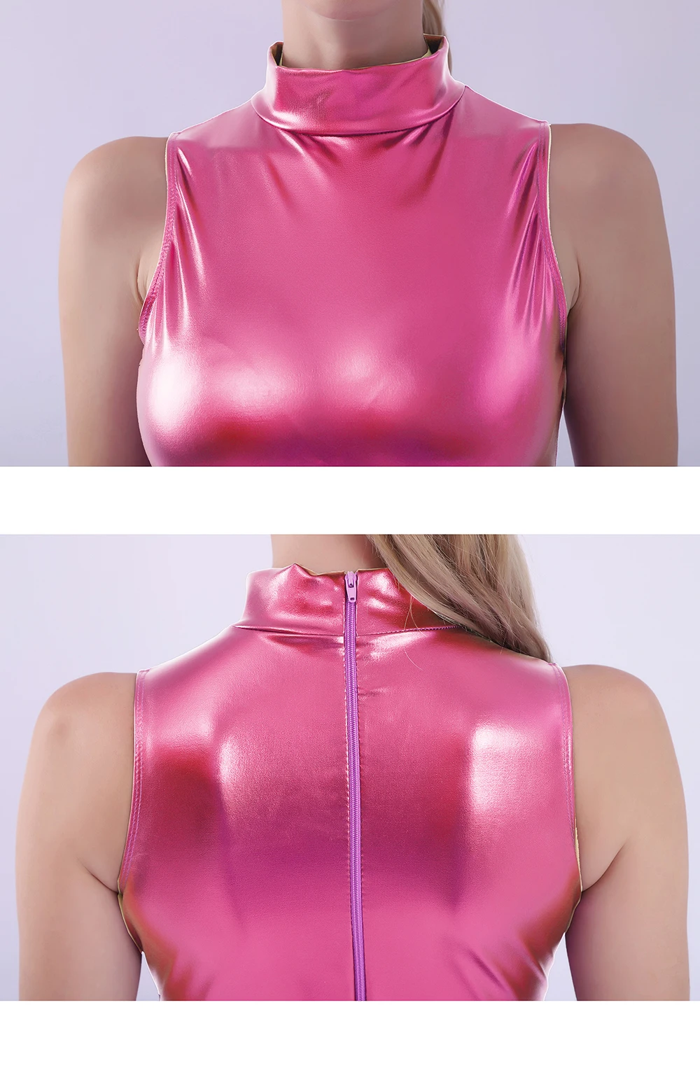 Aoylisey justaucorps métallique brillant pour femmes, col haut, sans manches, pour spectacle de danse, fermeture éclair au dos