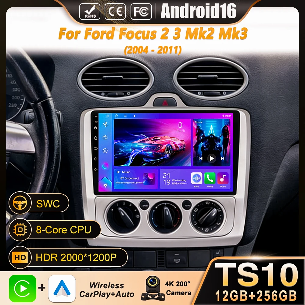 Android 16 For Ford Focus 2 3 Mk2 Mk3 2004 2005 2006 2007 - 2011 Car Radio Navigation Multimedia Player WIFI+4G GPS Carplay Auto
