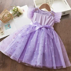 2-6 Year Girls Dresses Flying Sleeve Polka Dotted Purple Princess Skirt Baby Birthday Party Clothes Children Summer Causal Dress