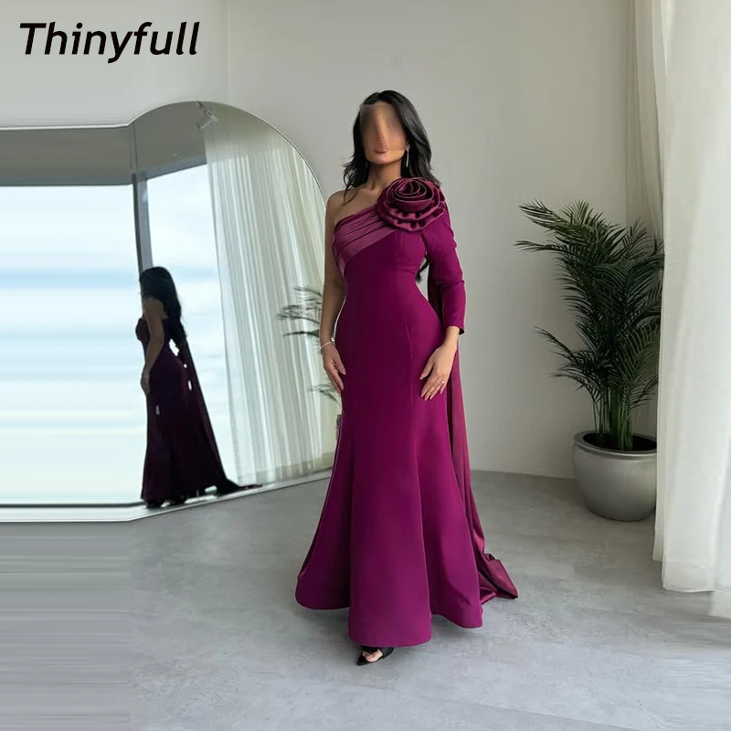 

Thinyfull Mermaid Satin Arab Prom Dress One Shoulder Full Sleeves Evening Dress Long Formal Gown robes de soirée Customized