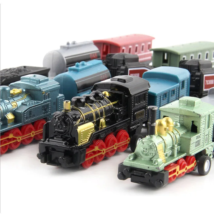 Diecast 1:60 liga carro de brinquedo veículos retro trem a vapor puxar para trás modelo trem crianças brinquedos conjunto para meninos presentes crianças aniversário