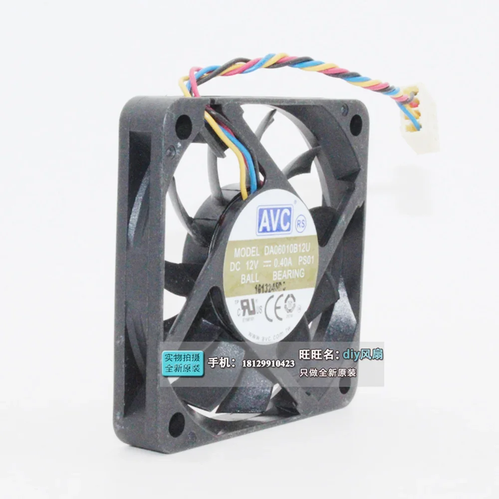 Ventilador de refrigeração fino PWM para AVC, volume de ar ultrafino, espessura de 10mm, 60x60x10mm, 12V, 0.40A, DA06010B12U