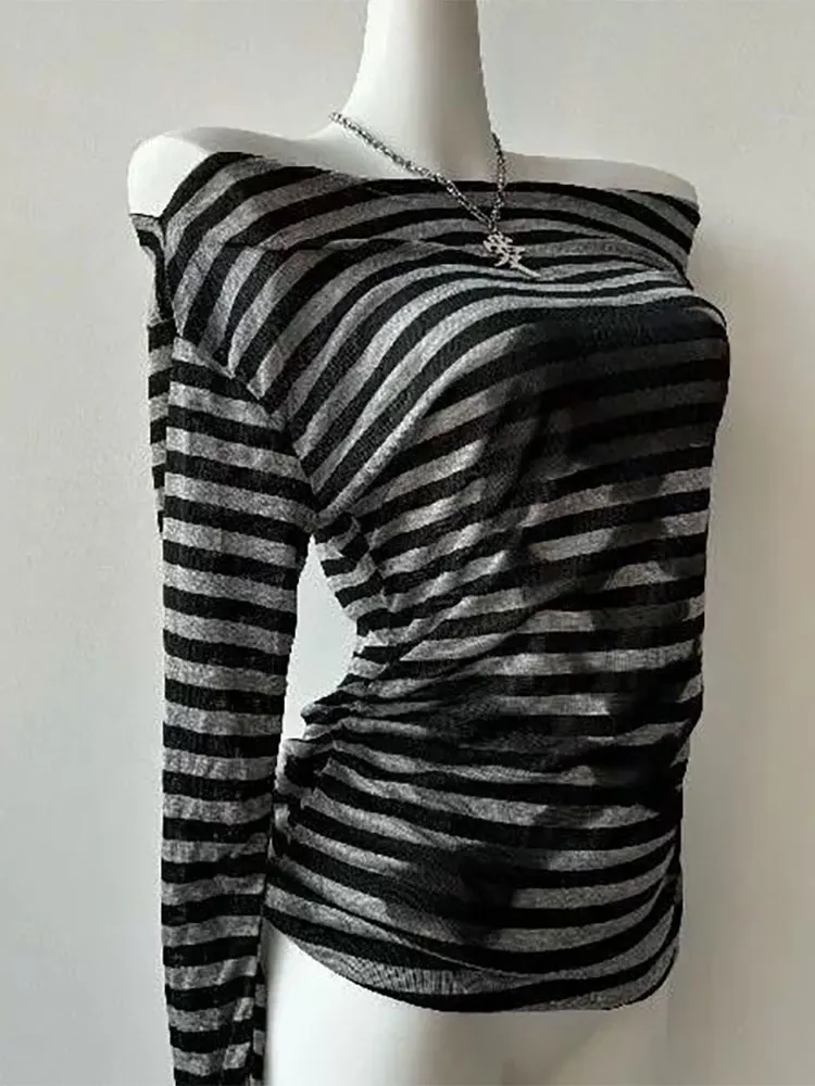 Gothic Vintage Skull Stripe T-shirt Women Off shoulder Top Designer Knitted Basic Long sleeve Tees 2000s Y2k Clothes Fashion New