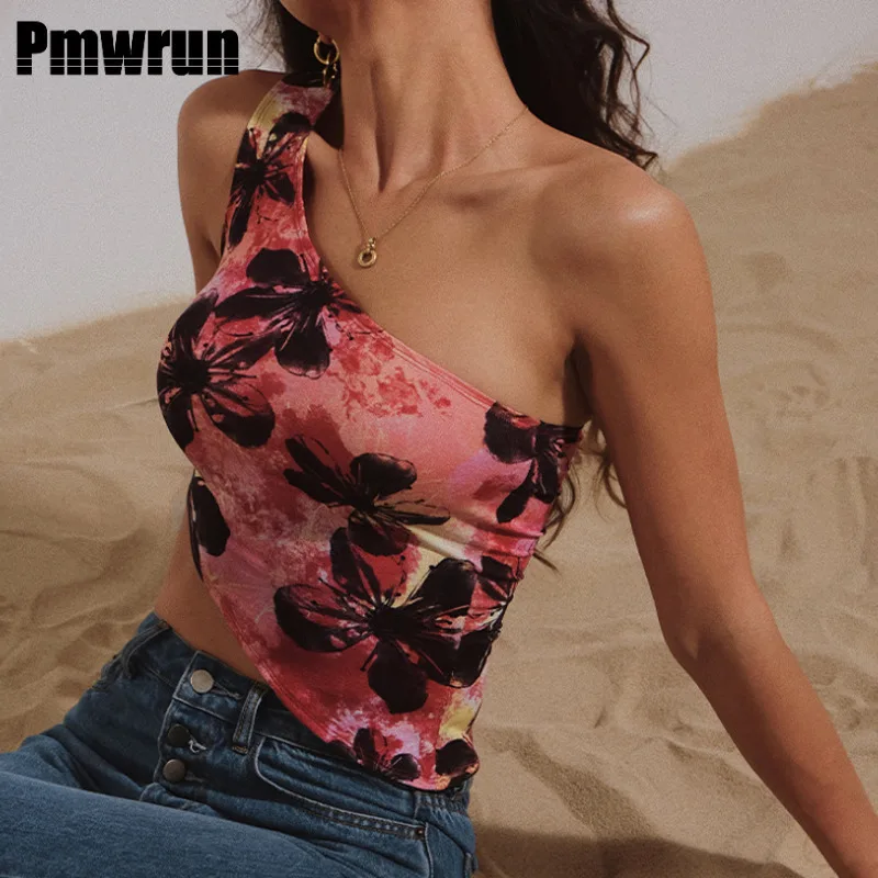 

PMWRUN Women's Floral Print One - Shoulder Yoga Tank Top, Soft Stretchy Material For Gym Yoga Pilates Dance Workout Wear