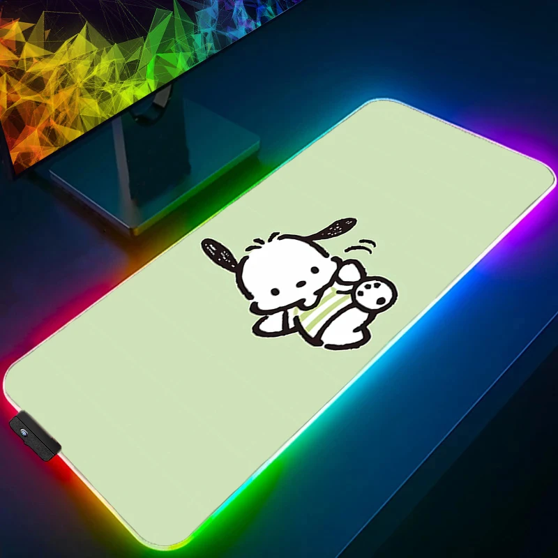Grote muismat RGB Pochacco laptop pc gamer toetsenbord mat XXL muismat LED rand wit voor beste cadeau achtergrondverlichting rubberen tafelmat