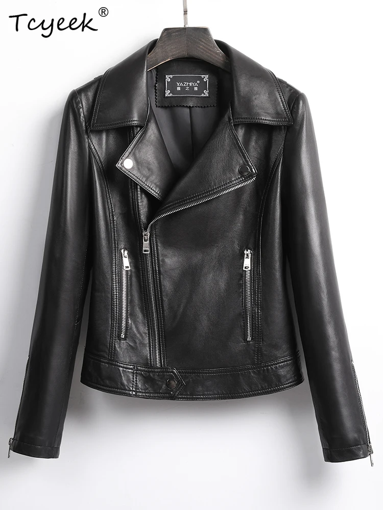 Tcyeek peau de mouton femmes veste en cuir printemps automne costume col à manches longues noir court moto veste Chaqueta Cuero Mujer