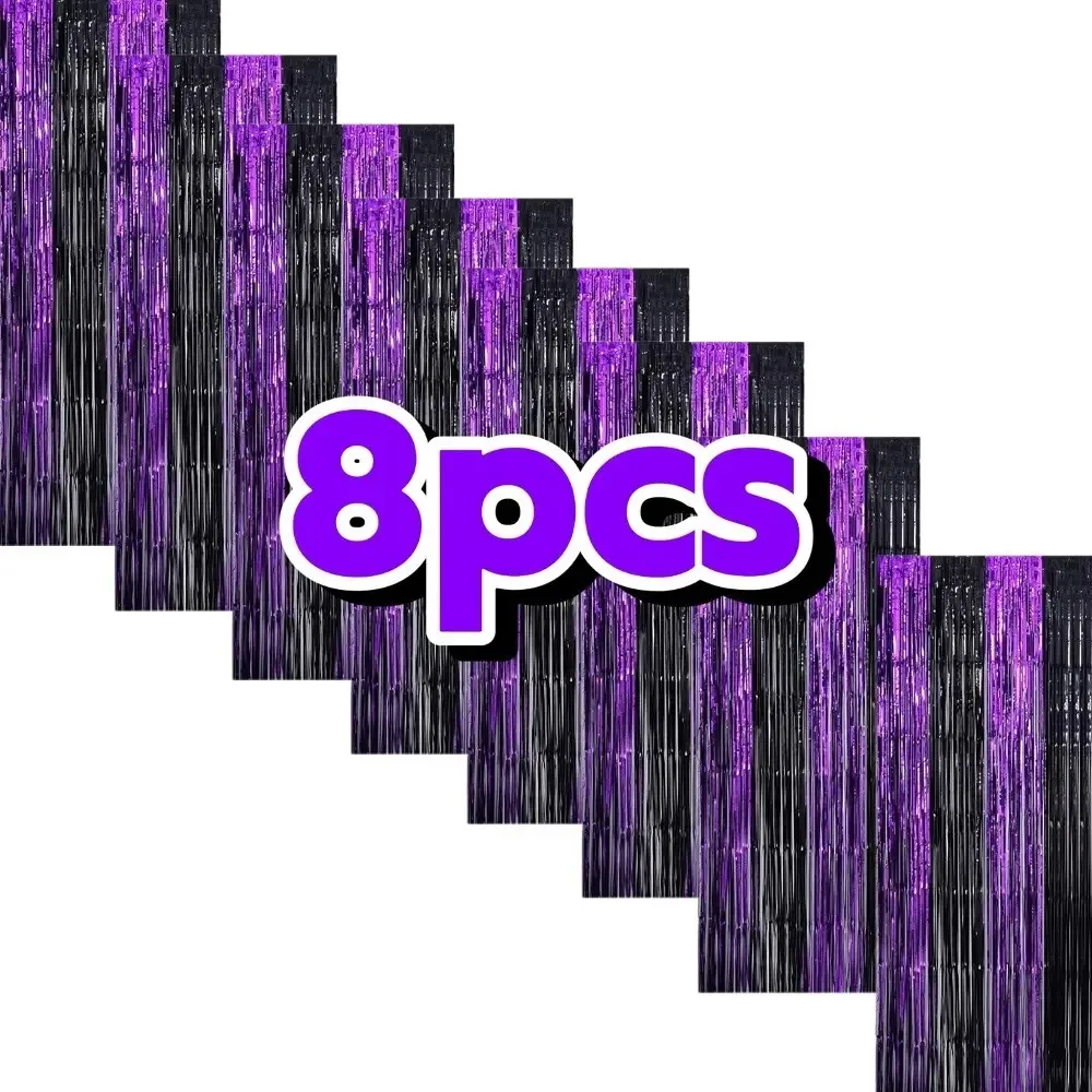 

8Pcs 39x78 Inch Black Purple Foil Fringe Streamers, Shiny Tinsel Curtain for Party Backdrop Wall Decor