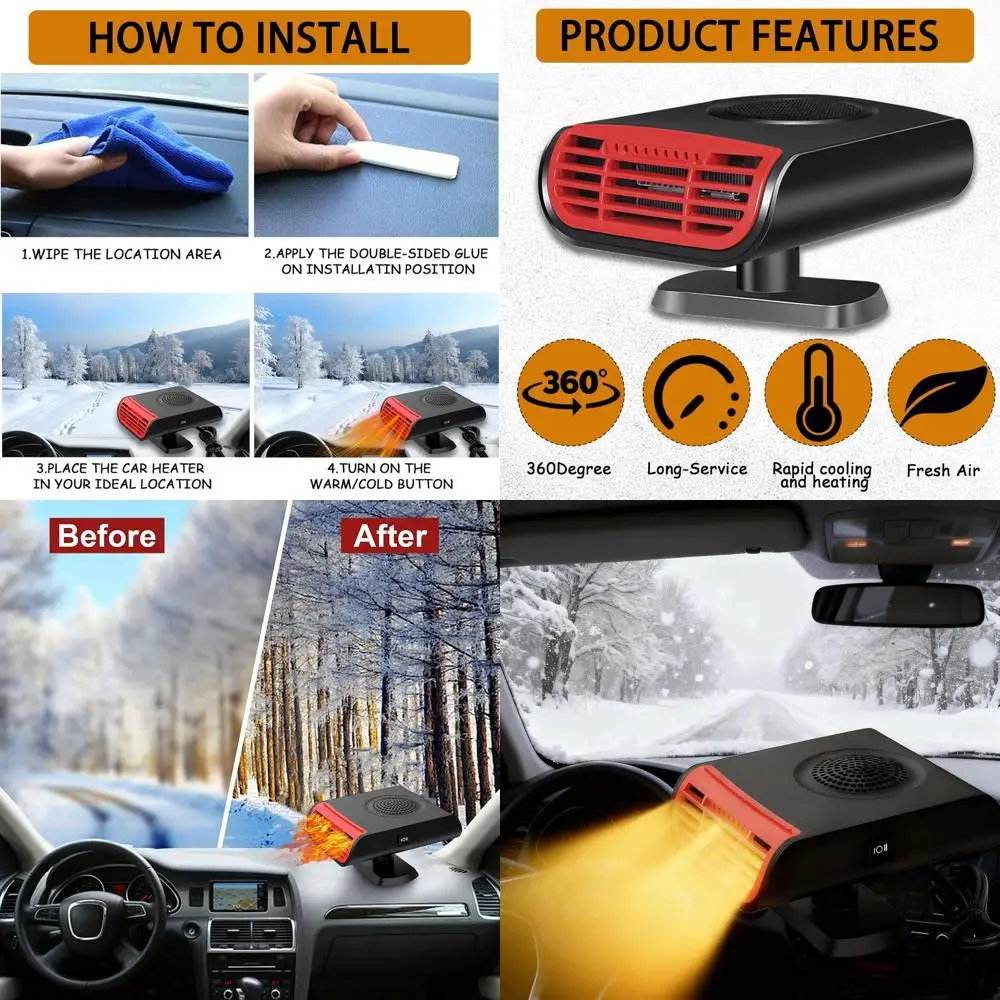 

Портативный автомобильный обогреватель 12 В для автомобиля, быстрый обогреватель лобового стекла 2-в-1, 150 Вт с 360 ° Вращение, подключение к сигарету Ли