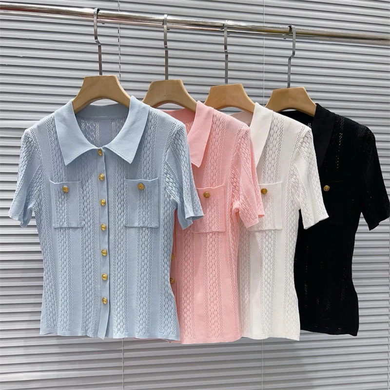 

High-quality summerNew women's lapel heavy metal button decoration short-sleeved knit T-shirt fashionableCasual stretch slim top