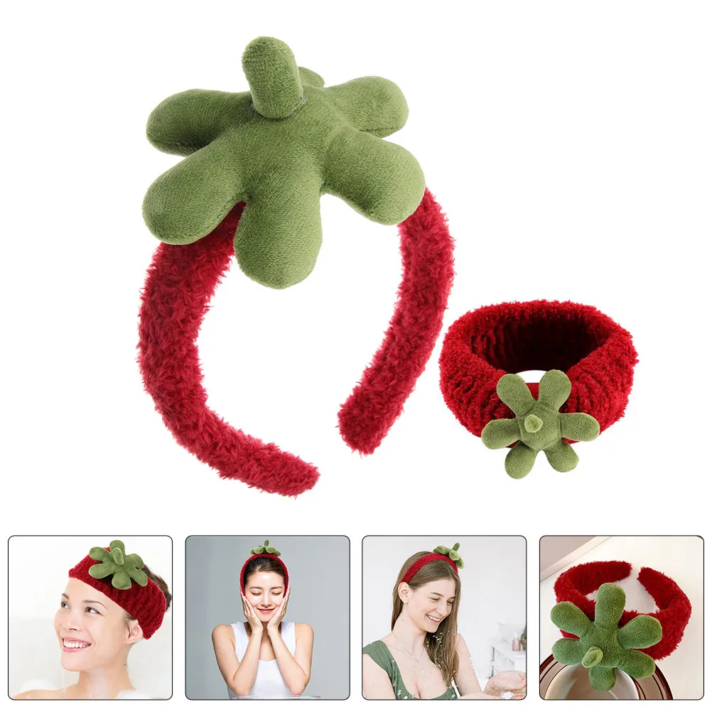 2Pcs Strawberry Headband Hair Bands for Washing Face Makeup Cute Wide Headband Wrist Sweatbands for Women