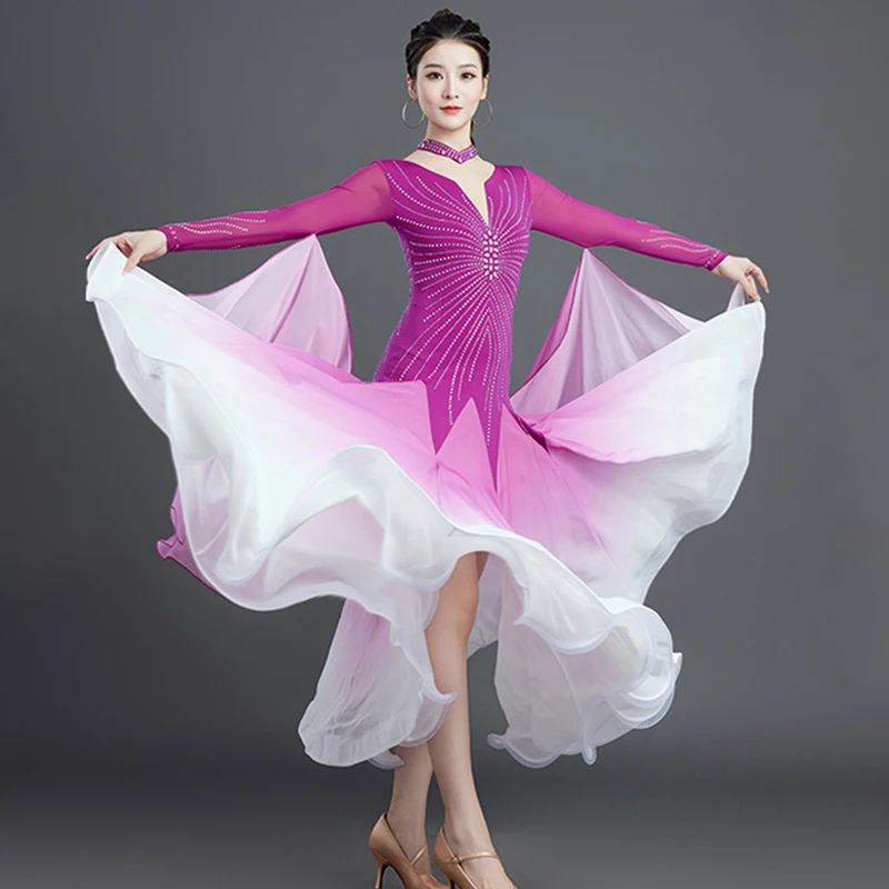 Waltz Dress 2025 New Ballroom Dance Dress Stadard Modern Dance Clothing For Competition Purple Long Dress Female Dance Wear 2474