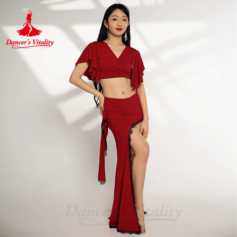 Belly Dancer Costumes for Women Short Sleeves Top+lace Edg Long Skirt 2pcs Adult Lady Oriental Belly Dancing Wear Outfit