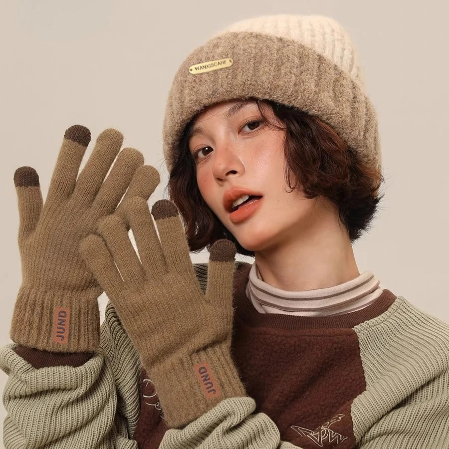 مجموعة قبعة وقفازات دافئة، قبعة مقاومة للرياح والبرودة، قبعة غزل محبوكة برأس كبير متعددة الاستخدامات، الخريف والشتاء، قطعتان #3