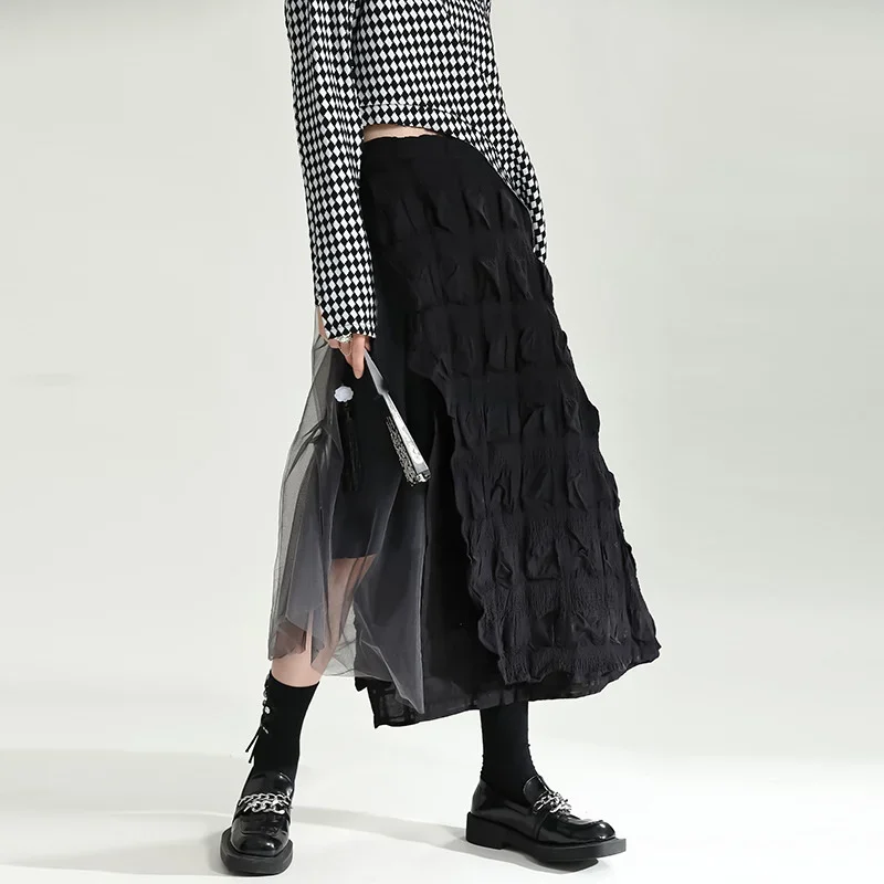 UMI MAO Yamamoto Design Black Gray Collision Heavy Splicing Mesh Pleated A Word Autumn Winter Female Sweet Spicy Style Skirt