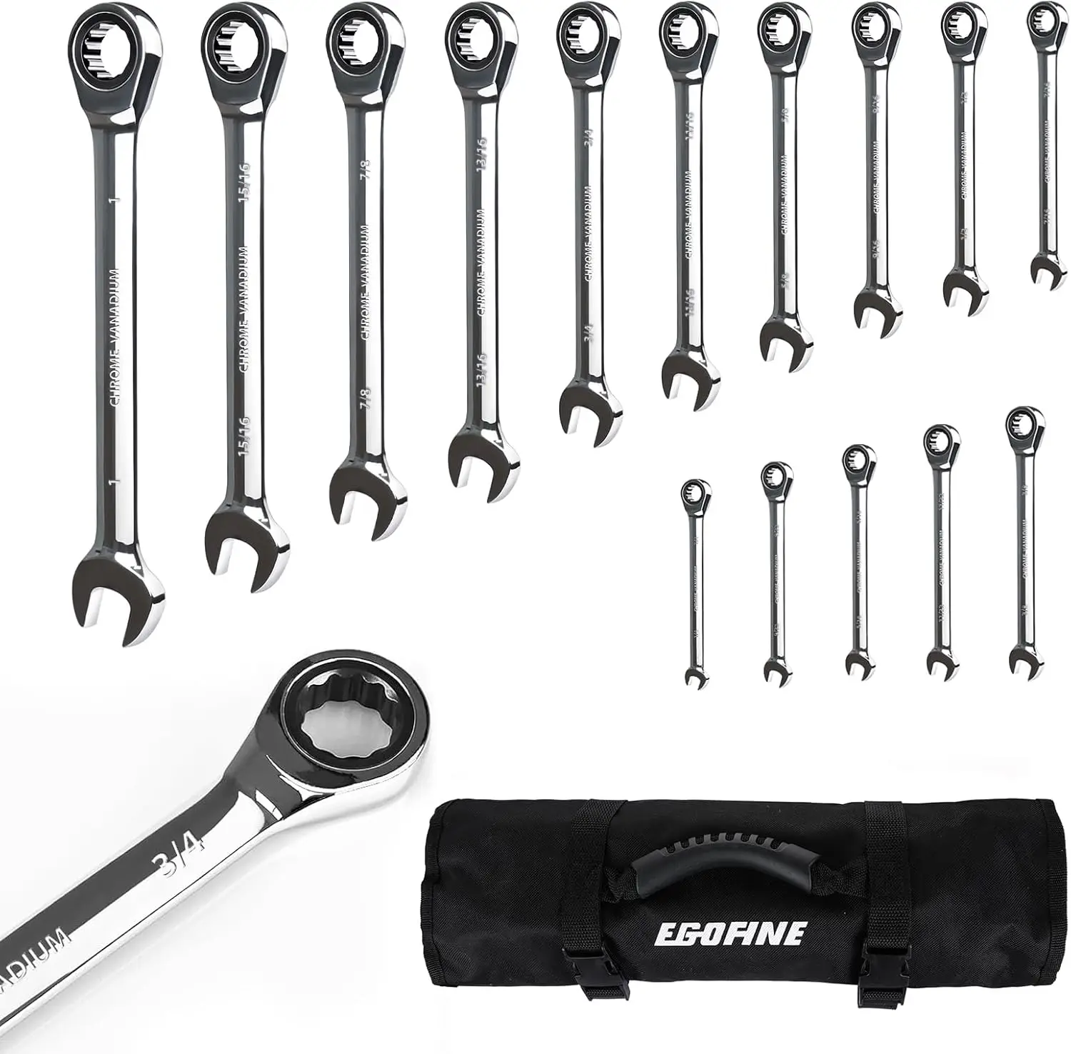 

Набор из 15 ключей с трещоткой SAE, хромованадиевая сталь, 12-гранные, 72 зубца, с сумкой для хранения