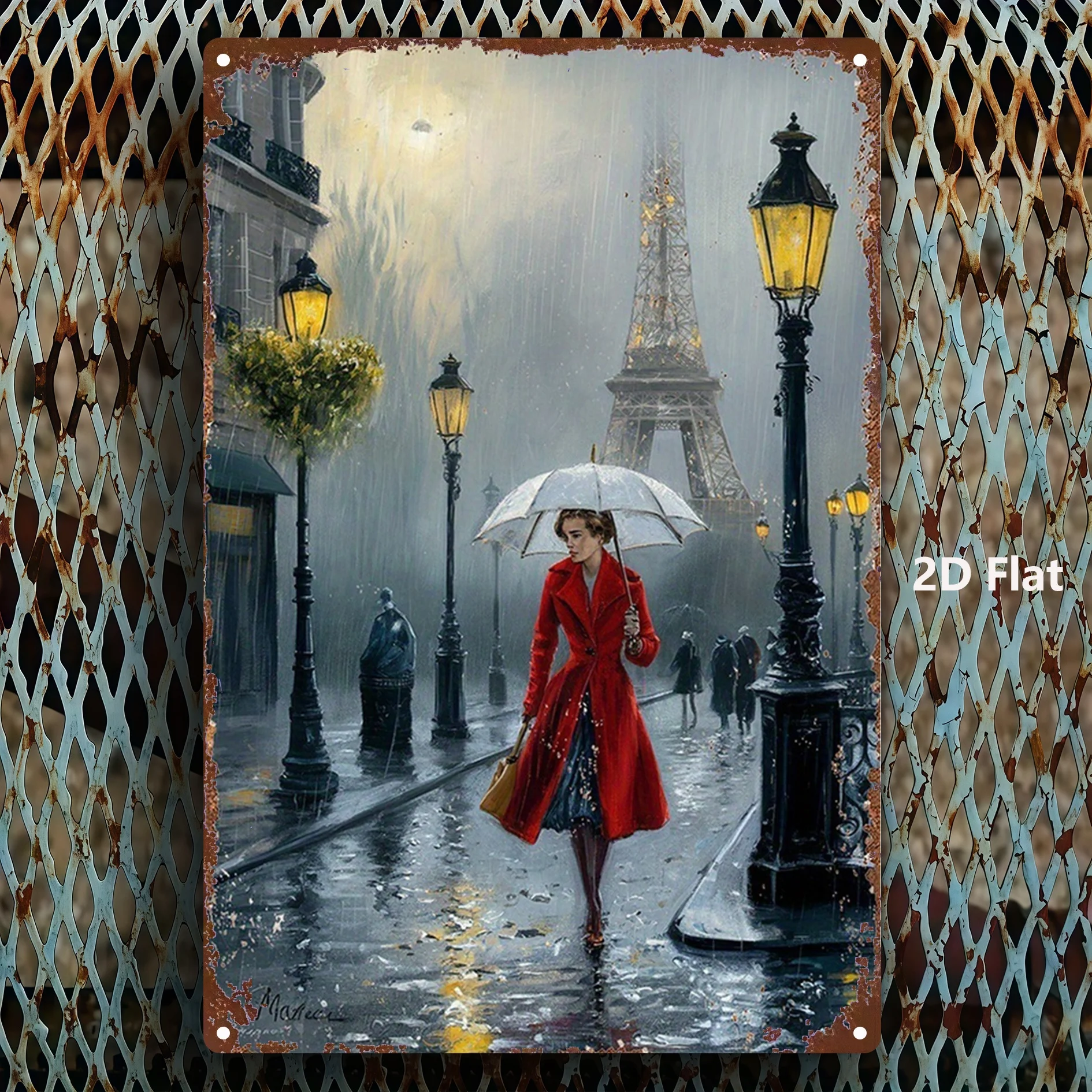 2D Flat, 1pc, Metal Sign, Paris Rainy Night Tin Sign, Woman Holding Umbrella, Eiffel Tower, Street Lamp, Vintage Decorative Sign, for decoration in bathroom, man's den, bedroom, garden, home office, kitchen view 2