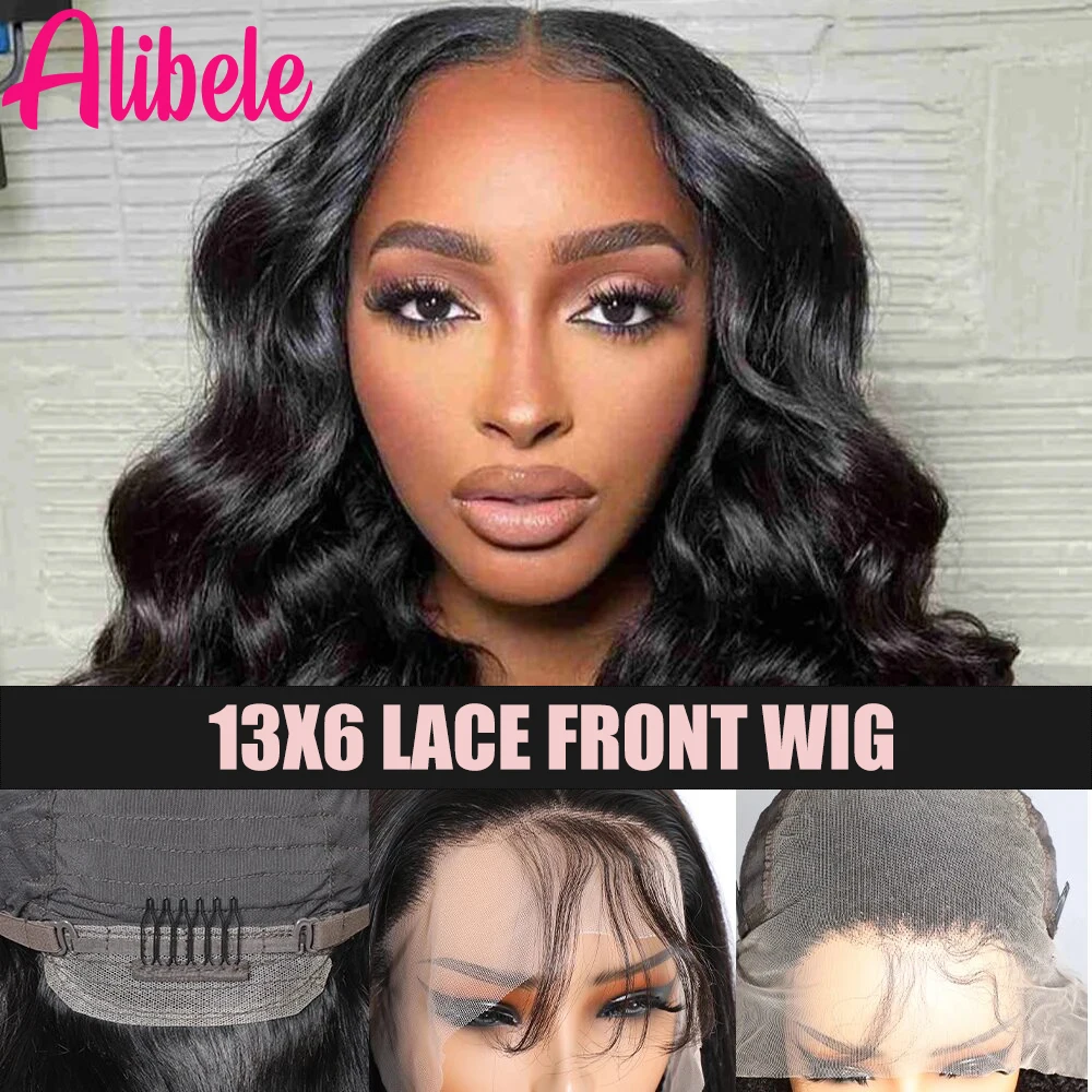 

ALIBELE Body Wave 13X6 Lace Front Human Hair Wig Transparent Lace Frontal Wig Pre Plucked Natural Black 12A Virgin Hair