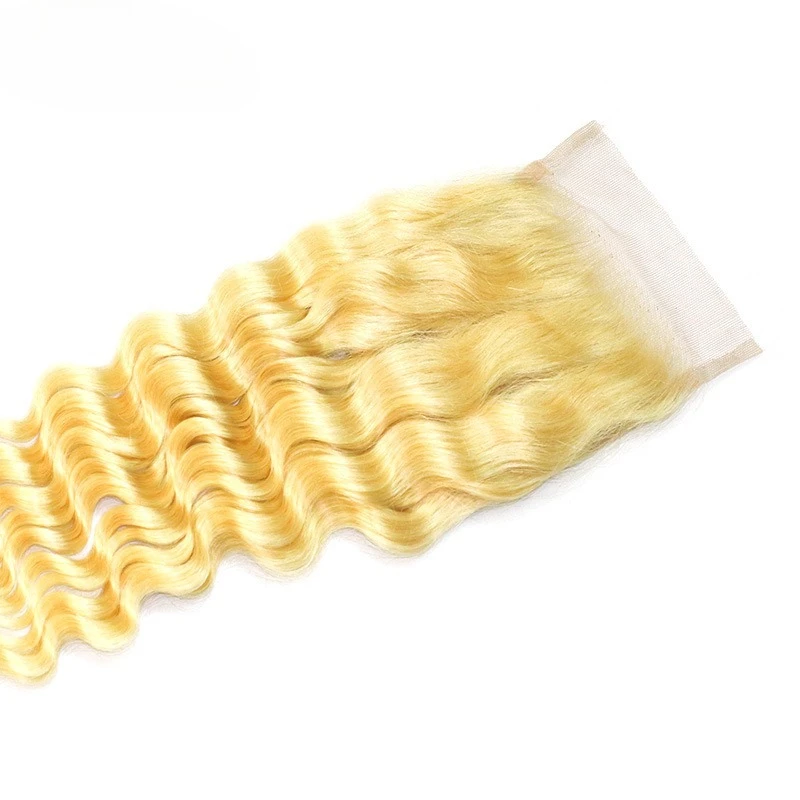 613 Блондинка, глубокая волна, 4x4, кружевная застежка, 10-22 дюйма, плотность 150%, полный конец, предварительно счастная часть, бразильские девственные волосы, предварительно выщипанные