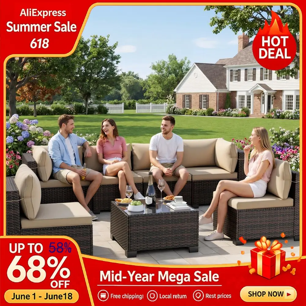

7Piece Outdoor Patio Furniture Sets, Manual Weaving Rattan Conversation Sectional Sofa with Tempered Glass Coffee Table, Custom