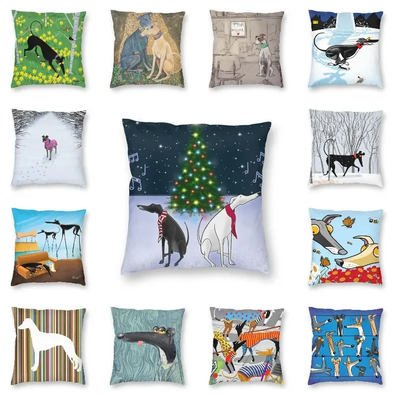 Whippet Sihthound Dog Cushion Cover 40x40cm Home Decor Printing Greyhound Christmas Tree Throw Pillow Case for Car Two Side