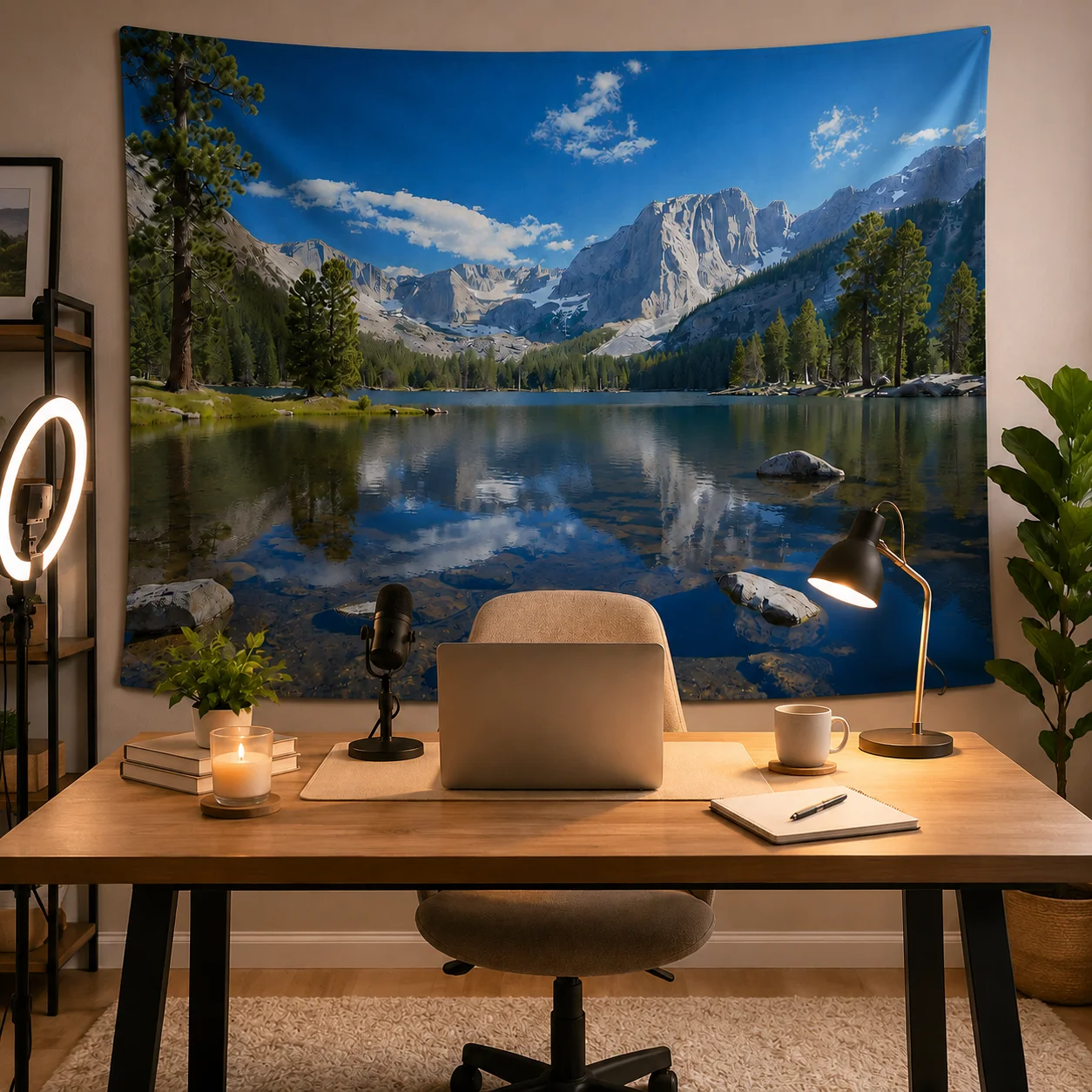 Mountain Lake Forest Tapestry Nature Landscape Wall Hanging, Blue Sky Water Reflection Scenery Dorm Bedroom Background Decor