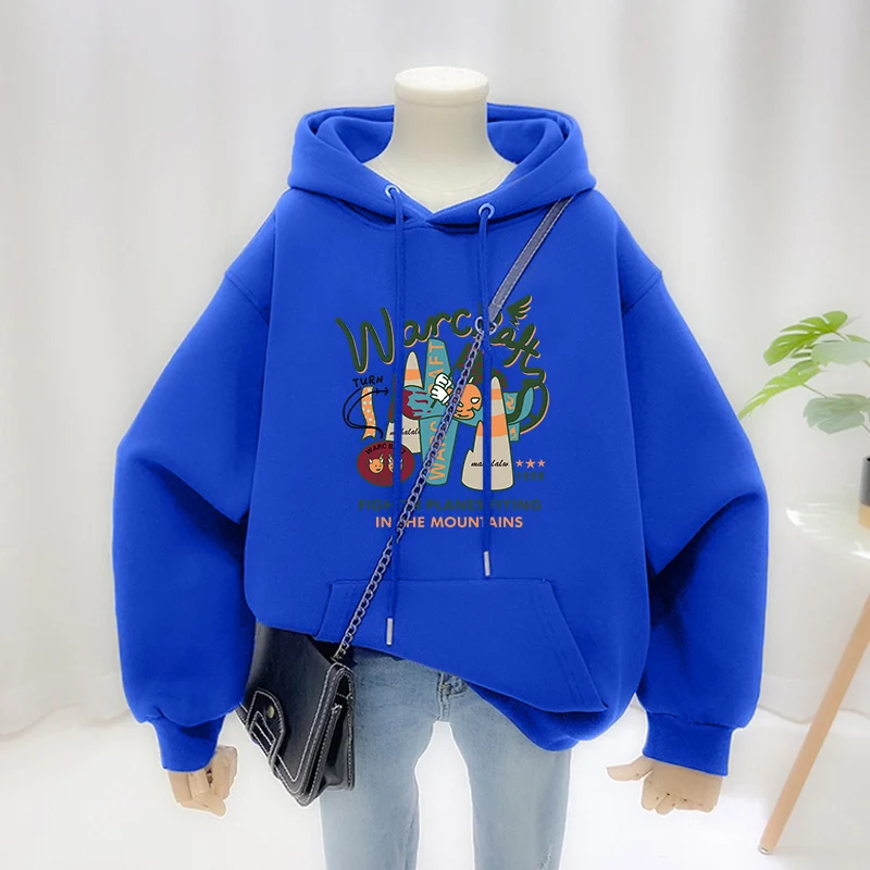 Autumn Winter Women Clothing Vintage Loose Casual Cotton Sweatshirts Cartoon Printed O-neck Top Pullovers Y2K Pocket Hoodies