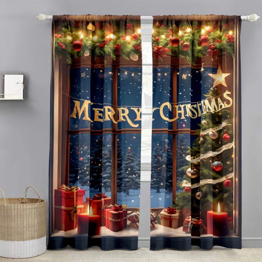 2PCS Digital Print Christmas Curtains, Merry Xmas Window Tree Gifts, Warm Festive Night Window Drapes for Holiday Decor