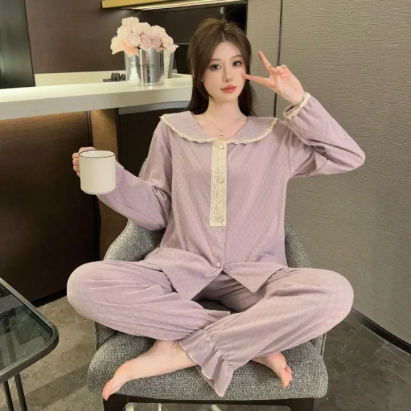 

5XL Plus Size Cotton Pajamas Women Korean Spring Long Sleeve Cardigan Sleepwear Autumn Soft Home Clothing Sweet Lace Night Suit
