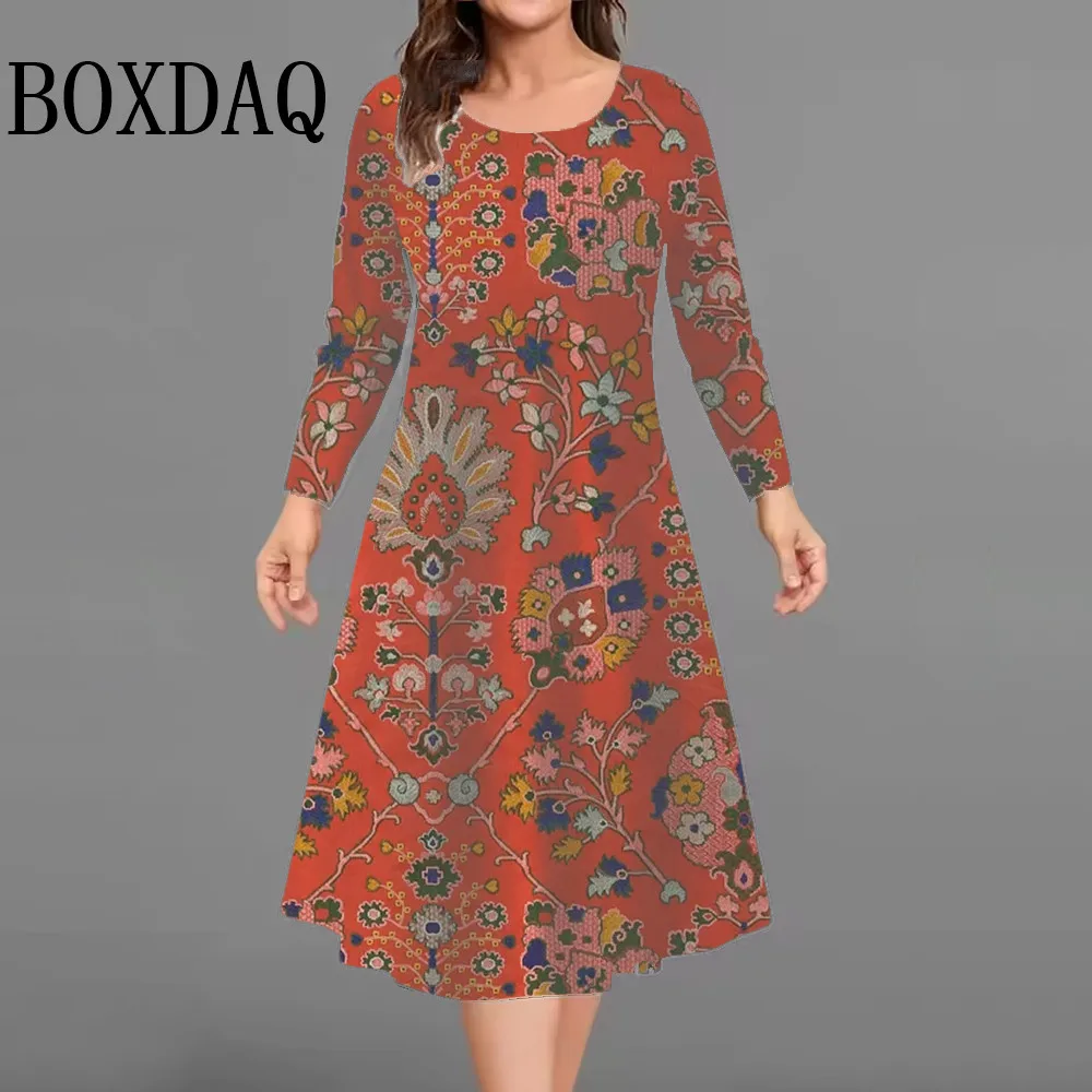 

Vintage Flowers Pattern Dresses For Women 2025 Autumn Long Sleeve Pullover Loose Clothing Plus Size Casual Retro 3D Print Dress
